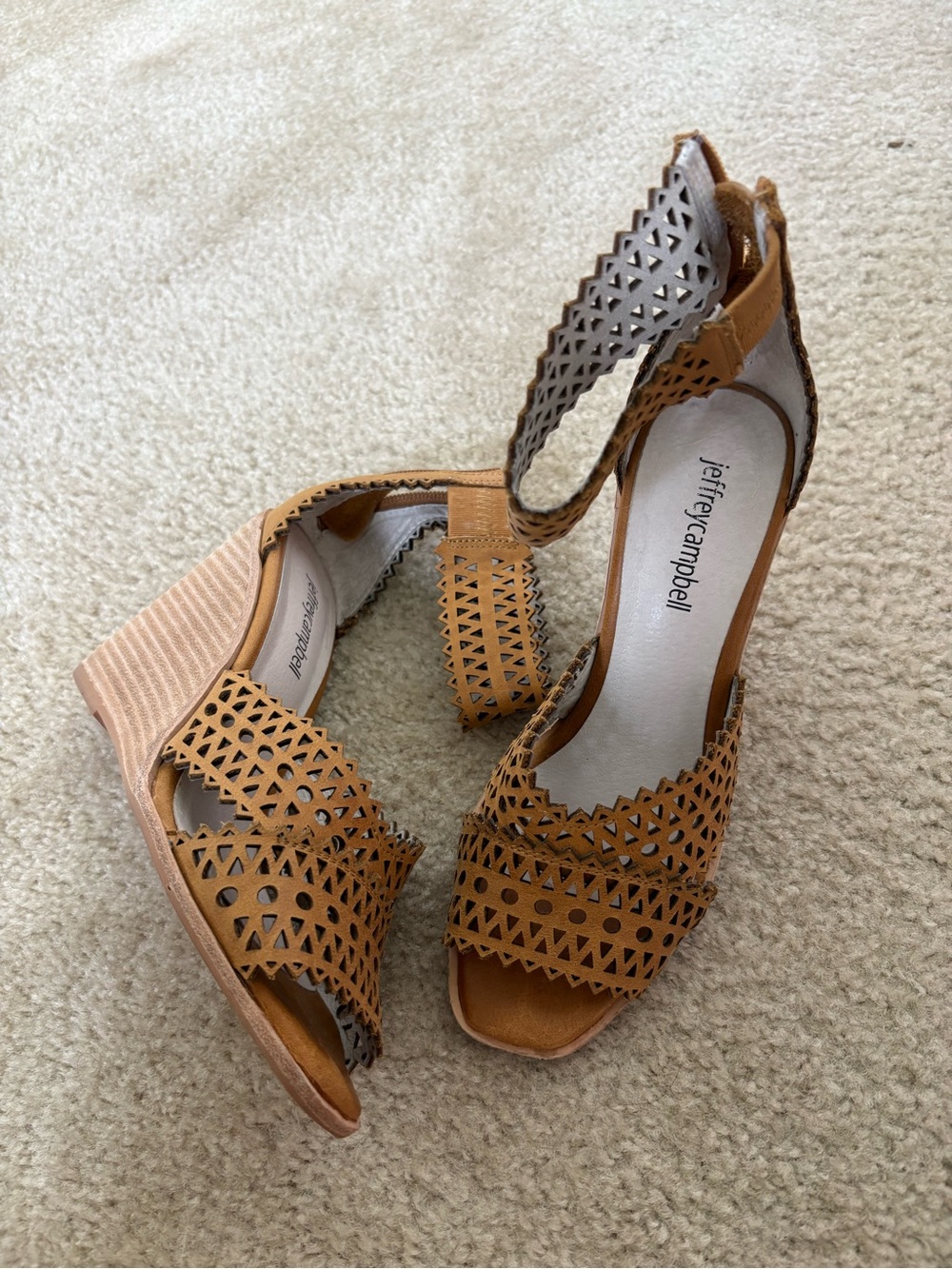 Jeffrey Campbell Tan Laser-Cut Ankle-Strap Wedge Sandals
